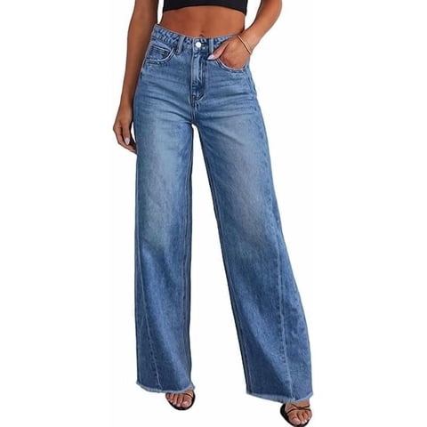 Wide Leg Jeans for Women Trendy High Waisted Stretchy Baggy Raw Hem Denim Palazzo Pants with Pockets