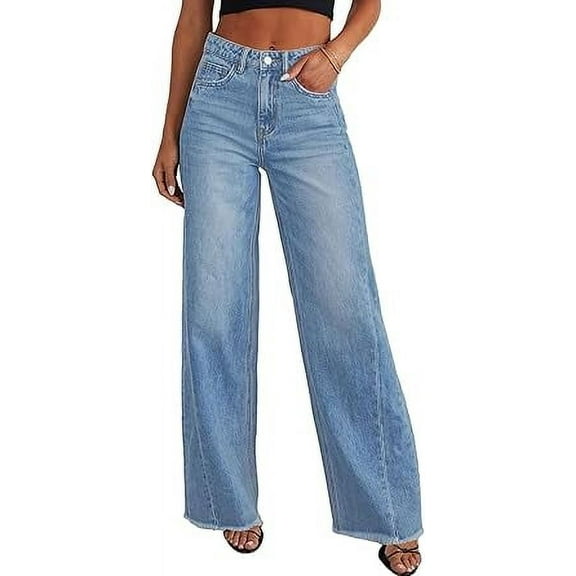 PRETTYGARDEN Wide Leg Jeans for Women Trendy High Waisted Stretchy Baggy Raw Hem Denim Palazzo Pants with Pockets