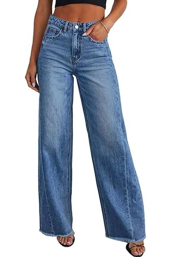 Wide Leg Jeans for Women Trendy High Waisted Stretchy Baggy Raw Hem Denim Palazzo Pants with Pockets