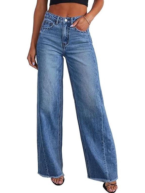 Wide Leg Jeans for Women Trendy High Waisted Stretchy Baggy Raw Hem Denim Palazzo Pants with Pockets