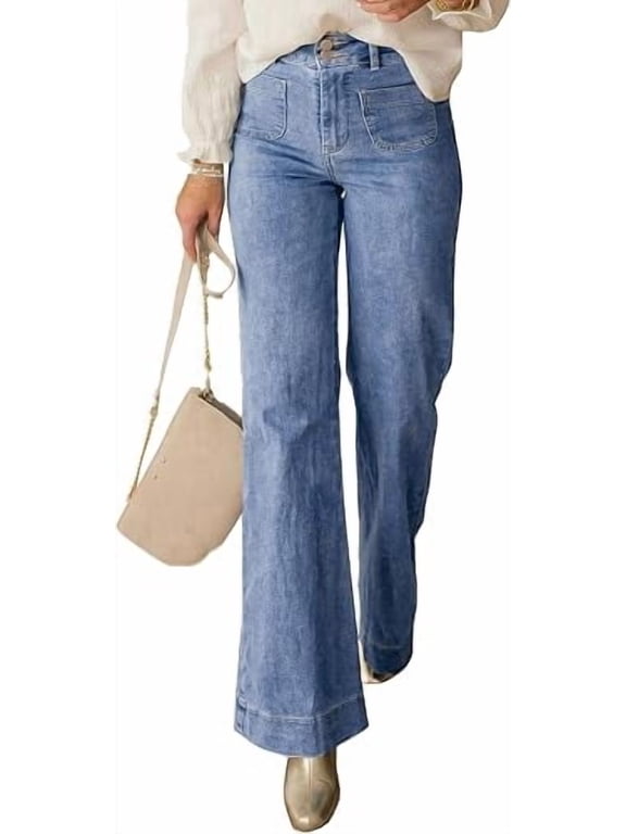 Womens Wide Leg Jeans High Waisted Stretchy | High Rise Flare Jeans with Front Patch Pockets, Loose Fit Daily Wear Denim, Trendy Office Work Pants, Business Casual Outfits