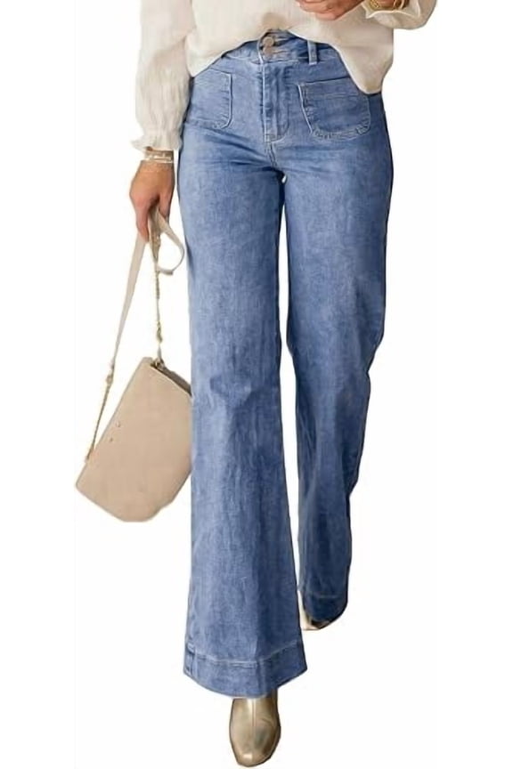 Womens Wide Leg Jeans High Waisted Stretchy | High Rise Flare Jeans with Front Patch Pockets, Loose Fit Daily Wear Denim, Trendy Office Work Pants, Business Casual Outfits