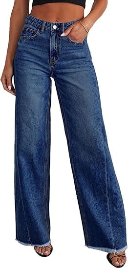 PRETTYGARDEN Wide Leg Jeans for Women Trendy High Waisted Stretchy Baggy Raw Hem Denim Palazzo Pants with Pockets