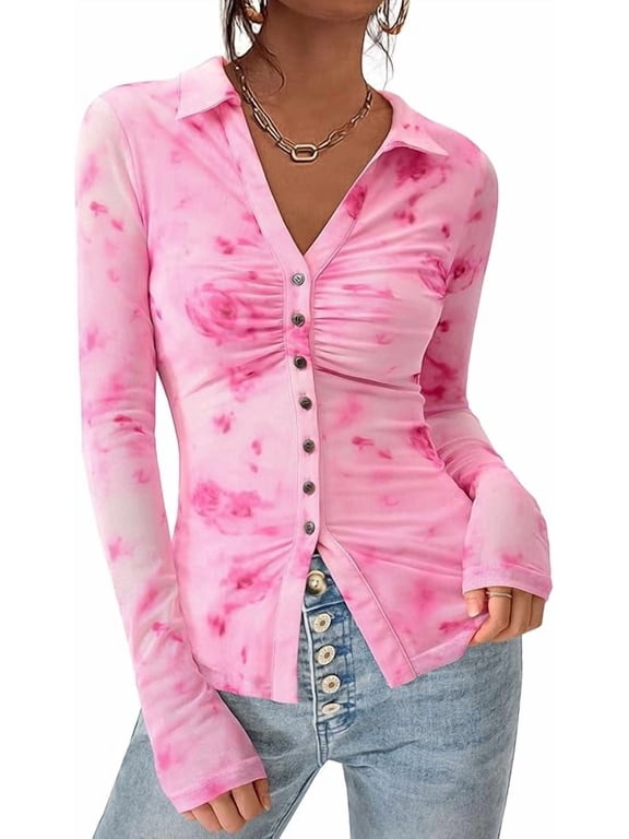 Women Button Down Floral Shirts Fall Trendy Long Sleeve V Neck Ruched Fitted Mesh Blouse Tops Date Outfits