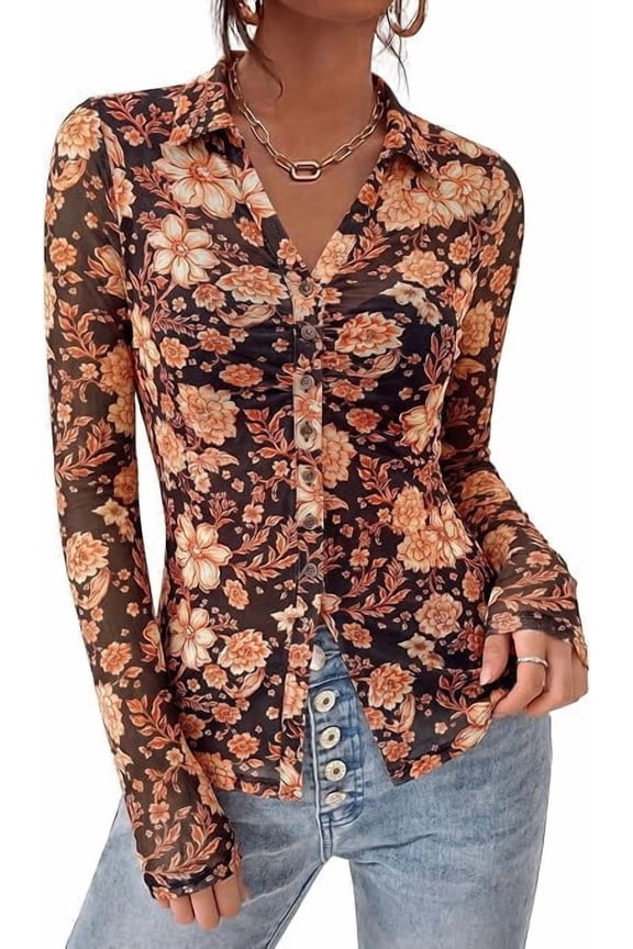 Women Button Down Floral Shirts Fall Trendy Long Sleeve V Neck Ruched Fitted Mesh Blouse Tops Date Outfits