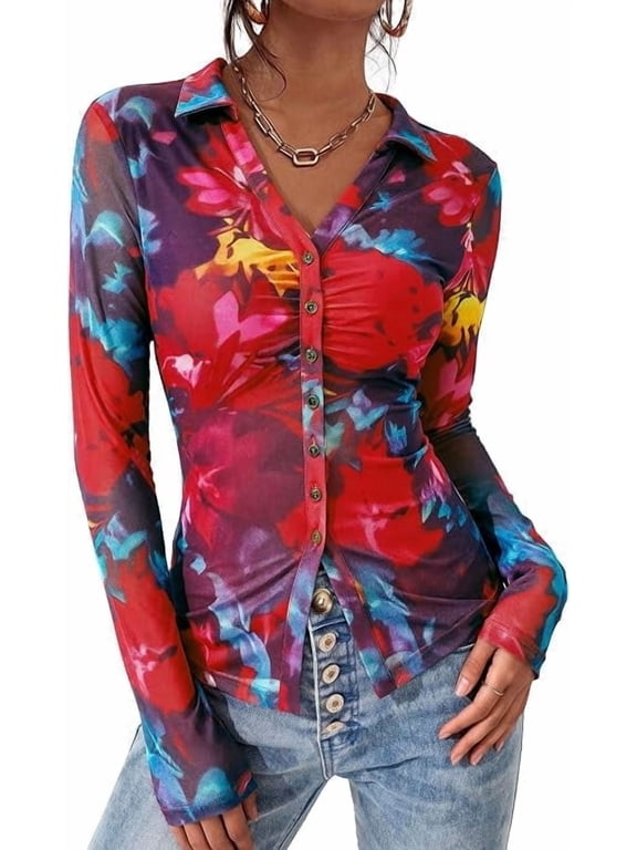 Women Button Down Floral Shirts Fall Trendy Long Sleeve V Neck Ruched Fitted Mesh Blouse Tops Date Outfits