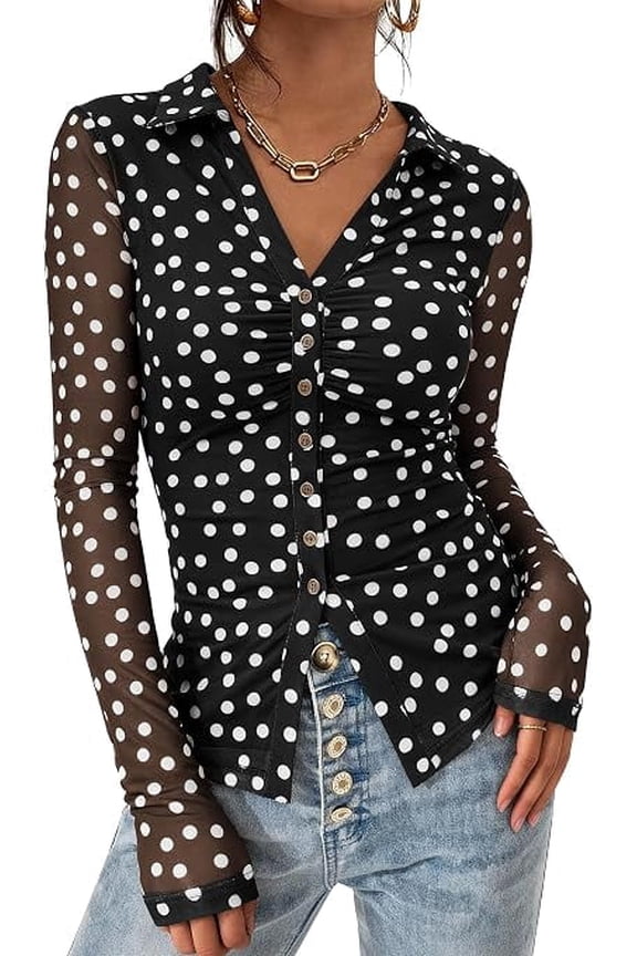 Women Button Down Floral Shirts Fall Trendy Long Sleeve V Neck Ruched Fitted Mesh Blouse Tops Date Outfits