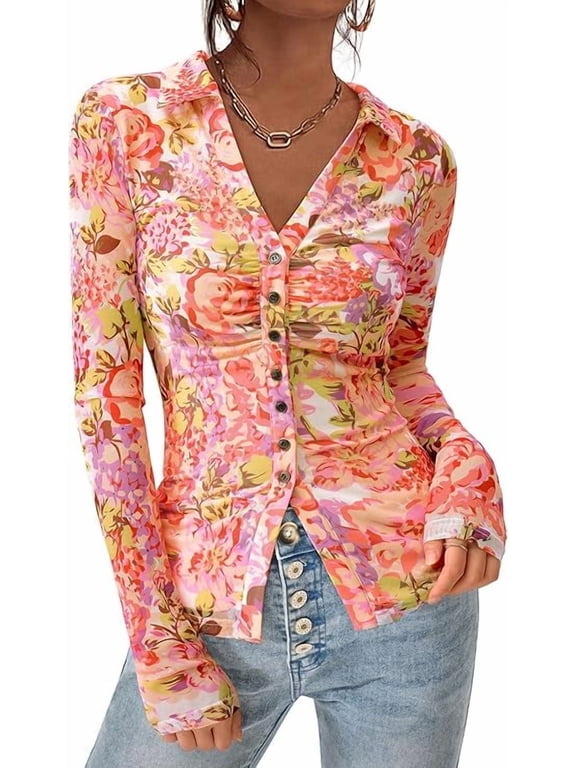 Women Button Down Floral Shirts Fall Trendy Long Sleeve V Neck Ruched Fitted Mesh Blouse Tops Date Outfits