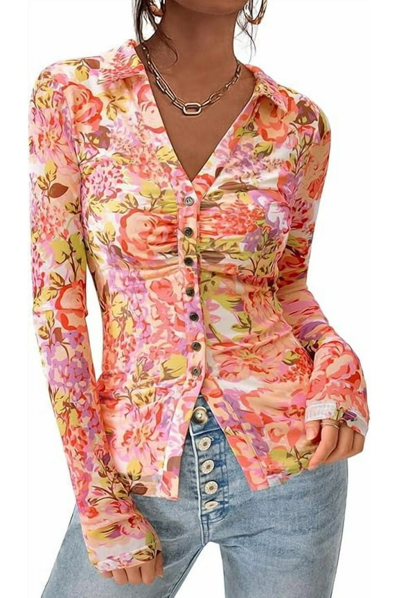 Women Button Down Floral Shirts Fall Trendy Long Sleeve V Neck Ruched Fitted Mesh Blouse Tops Date Outfits