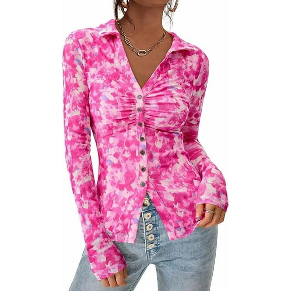 PRETTYGARDEN Women Button Down Floral Shirts Fall Trendy Long Sleeve V Neck Ruched Fitted Mesh Blouse Tops Date Outfits