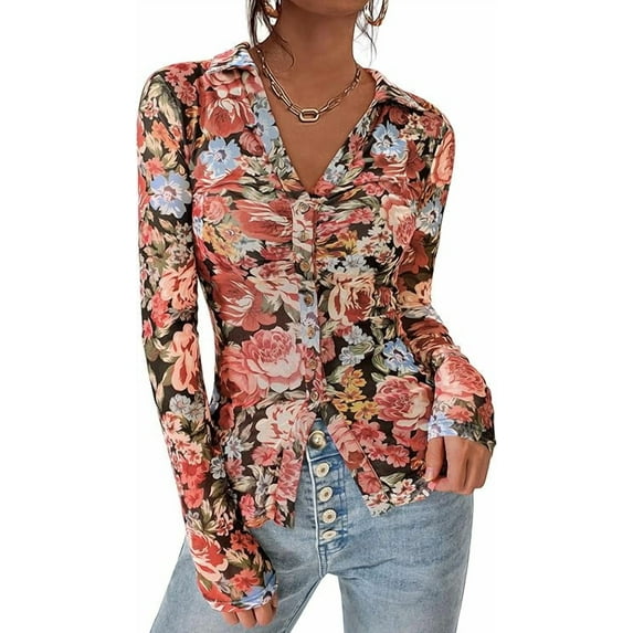 PRETTYGARDEN Women Button Down Floral Shirts Fall Trendy Long Sleeve V Neck Ruched Fitted Mesh Blouse Tops Date Outfits