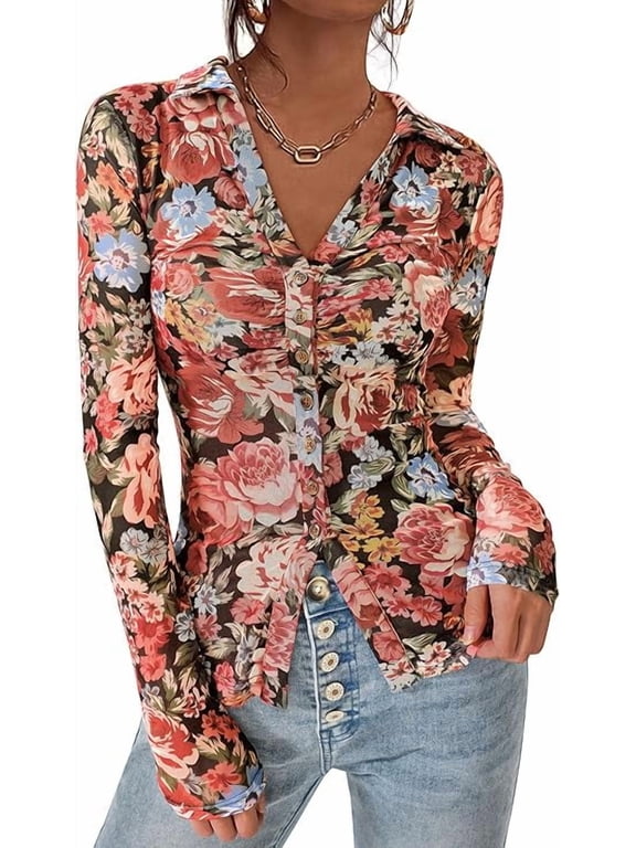 Women Button Down Floral Shirts Fall Trendy Long Sleeve V Neck Ruched Fitted Mesh Blouse Tops Date Outfits
