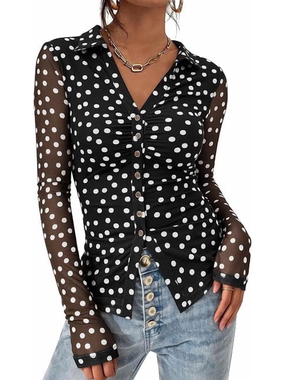 Women Button Down Floral Shirts Fall Trendy Long Sleeve V Neck Ruched Fitted Mesh Blouse Tops Date Outfits