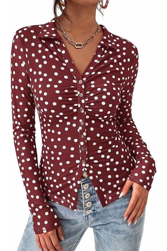 Women Button Down Floral Shirts Fall Trendy Long Sleeve V Neck Ruched Fitted Mesh Blouse Tops Date Outfits