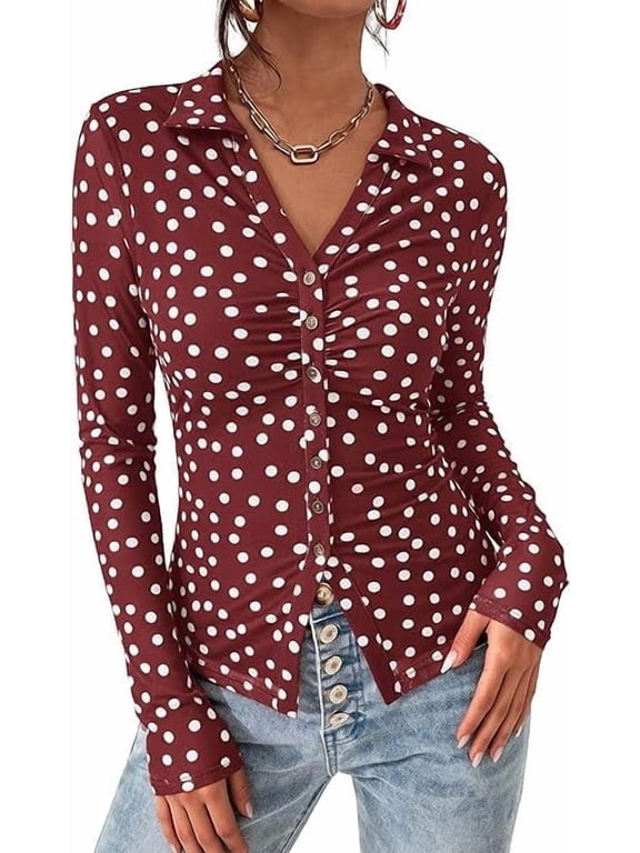 Women Button Down Floral Shirts Fall Trendy Long Sleeve V Neck Ruched Fitted Mesh Blouse Tops Date Outfits
