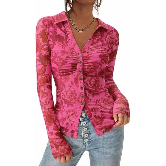 PRETTYGARDEN Women Button Down Floral Shirts Fall Trendy Long Sleeve V Neck Ruched Fitted Mesh Blouse Tops Date Outfits