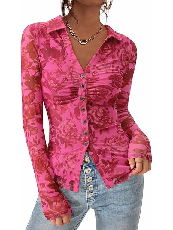 Women Button Down Floral Shirts Fall Trendy Long Sleeve V Neck Ruched Fitted Mesh Blouse Tops Date Outfits