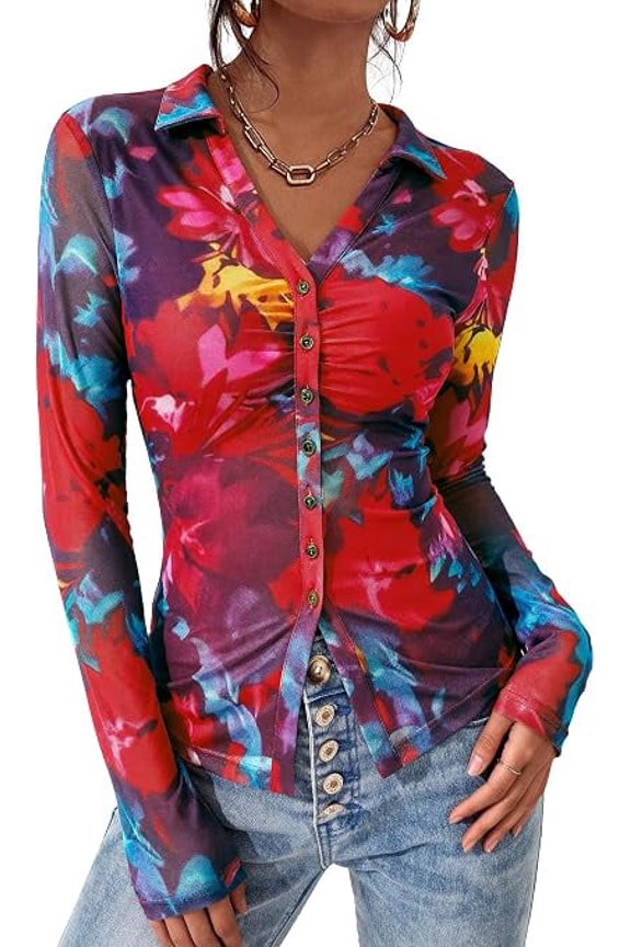 Women Button Down Floral Shirts Fall Trendy Long Sleeve V Neck Ruched Fitted Mesh Blouse Tops Date Outfits
