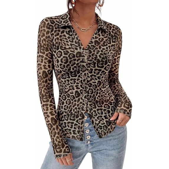 PRETTYGARDEN Women Button Down Floral Shirts Fall Trendy Long Sleeve V Neck Ruched Fitted Mesh Blouse Tops Date Outfits