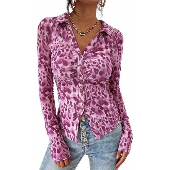 PRETTYGARDEN Women Button Down Floral Shirts Fall Trendy Long Sleeve V Neck Ruched Fitted Mesh Blouse Tops Date Outfits
