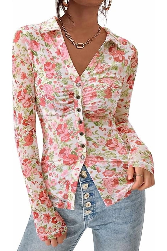 Women Button Down Floral Shirts Fall Trendy Long Sleeve V Neck Ruched Fitted Mesh Blouse Tops Date Outfits