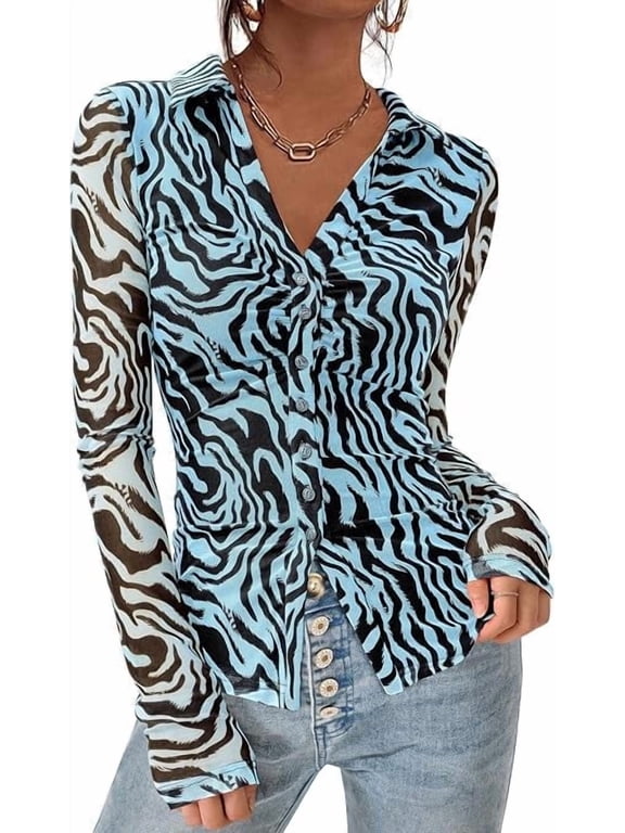 Women Button Down Floral Shirts Fall Trendy Long Sleeve V Neck Ruched Fitted Mesh Blouse Tops Date Outfits