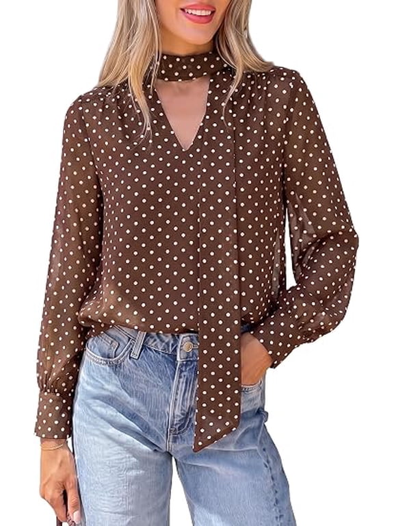 Women Chiffon Boho Blouses Dressy Casual Flowy Fall Tops, Long Sleeve V Neck Shirts with Tie, Elegant Date Night Outfit for Work Office, Going Out