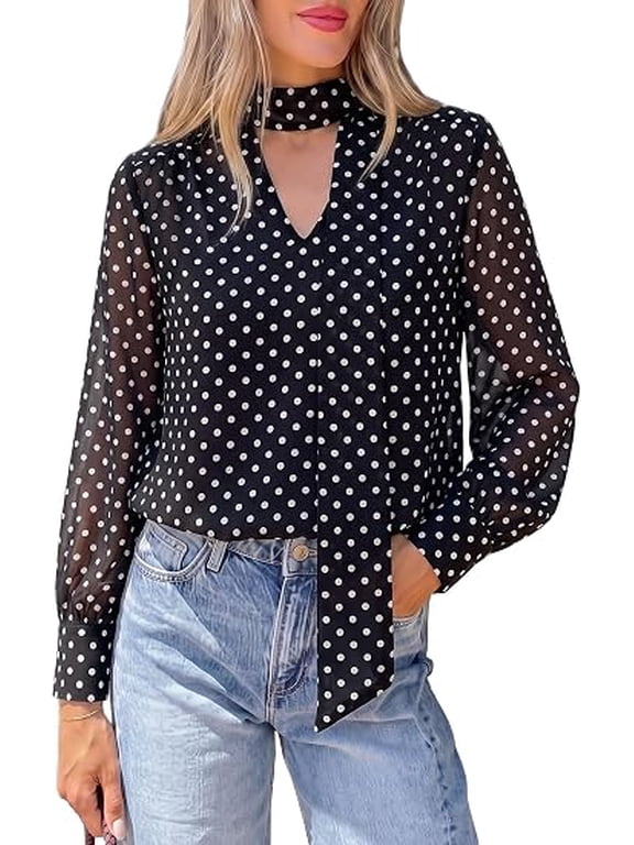 Women Chiffon Boho Blouses Dressy Casual Flowy Fall Tops, Long Sleeve V Neck Shirts with Tie, Elegant Date Night Outfit for Work Office, Going Out
