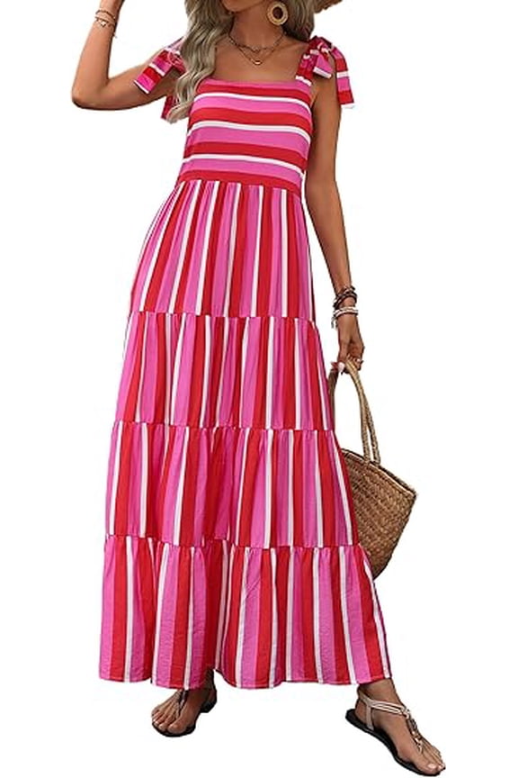 Women Dresses Summer Floral Sleeveless Maxi Dress Casual Spaghetti Strap Tiered Flowy Beach Long Dress