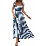 PRETTYGARDEN Women Dresses Summer Floral Sleeveless Maxi Dress Casual Spaghetti Strap Tiered Flowy Beach Long Dress