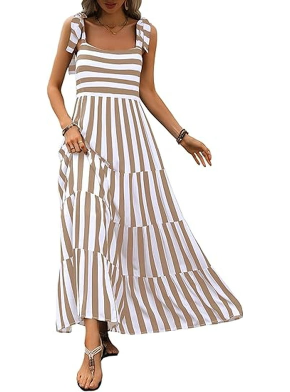Women Dresses Summer Floral Sleeveless Maxi Dress Casual Spaghetti Strap Tiered Flowy Beach Long Dress