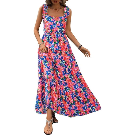 PRETTYGARDEN Women Dresses Summer Floral Sleeveless Maxi Dress Casual Spaghetti Strap Tiered Flowy Beach Long Dress