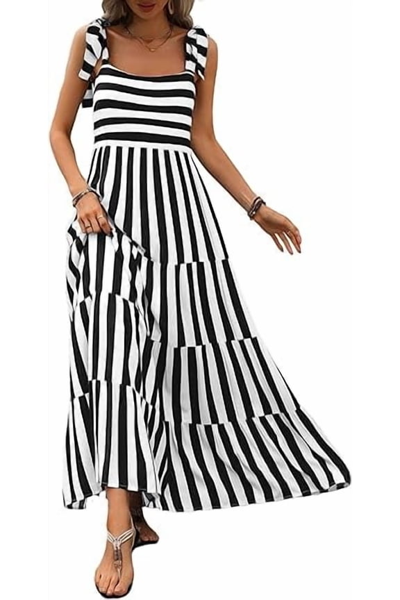 Women Dresses Summer Floral Sleeveless Maxi Dress Casual Spaghetti Strap Tiered Flowy Beach Long Dress