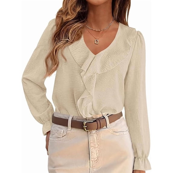 PRETTYGARDEN Women Early Fall Fashion Dressy Casual Blouses,Comfy Lightweight,Lantern Long Sleeve Shirts,Cute Ruffle V Neck,Going Out Tops,Business Work Outfits,Trendy Daily Clothes