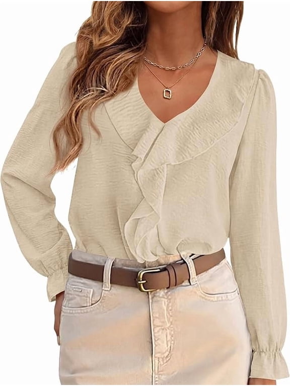 Women Early Fall Fashion Dressy Casual Blouses,Comfy Lightweight,Lantern Long Sleeve Shirts,Cute Ruffle V Neck,Going Out Tops,Business Work Outfits,Trendy Daily Clothes