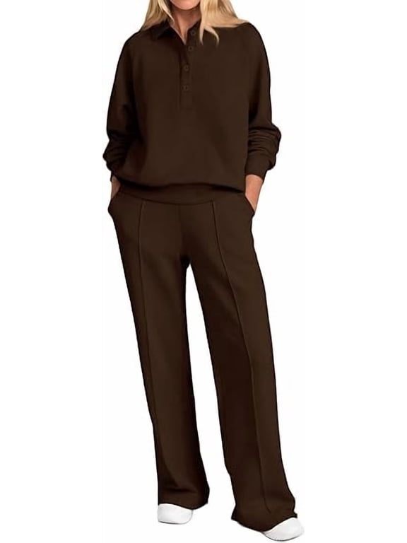 Women Fall 2 Piece Outfits Sweatsuits Lounge Sets Quarter Button Long Sleeve Sweatshirt, Wide Leg Sweat Pants, Casual 2 Piece Sets Tracksuit, Airport Travel Outfits for Women