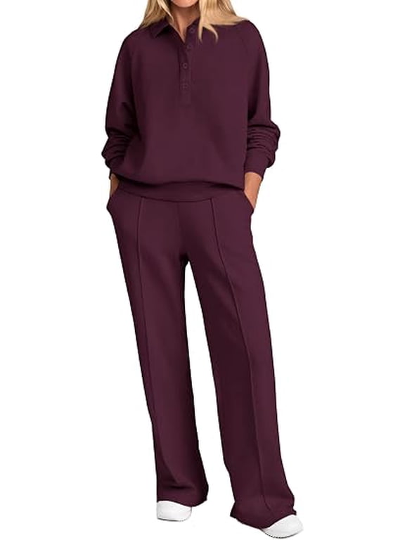 Women Fall 2 Piece Outfits Sweatsuits Lounge Sets Quarter Button Long Sleeve Sweatshirt, Wide Leg Sweat Pants, Casual 2 Piece Sets Tracksuit, Airport Travel Outfits for Women