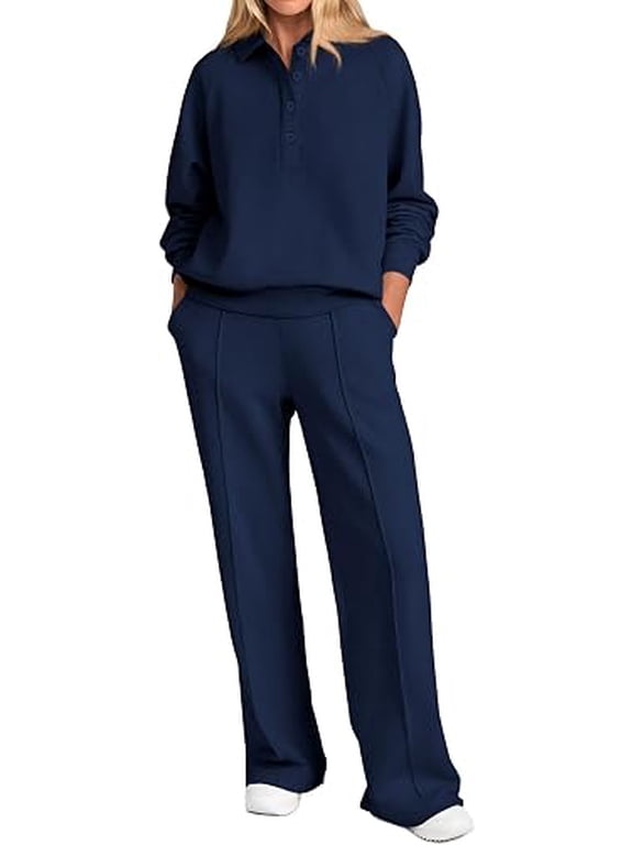 Women Fall 2 Piece Outfits Sweatsuits Lounge Sets Quarter Button Long Sleeve Sweatshirt, Wide Leg Sweat Pants, Casual 2 Piece Sets Tracksuit, Airport Travel Outfits for Women