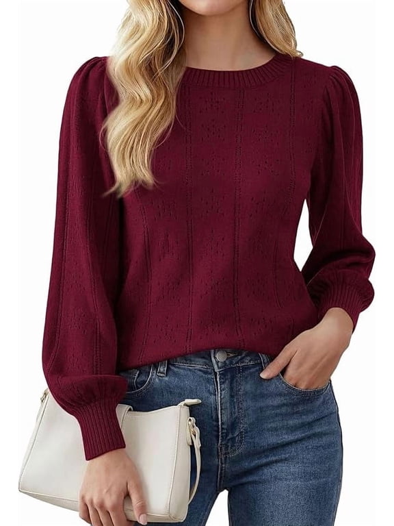 Women Fall Fashion Hollow Out Holiday Sweaters, Stretchy Cozy Knit, Puff Long Sleeve, Crewneck Pullover Tops, Dressy Casual Blouse, Trendy Winter Clothes, Going Out Outfits