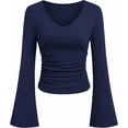 thumbnail image 1 of PRETTYGARDEN Women Fall Long Bell Sleeve Shirts Ribbed V Neck Fitted Ruched Trendy Y2K Going Out Tee Tops Summer Clothes, 1 of 10