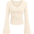 thumbnail image 1 of PRETTYGARDEN Women Fall Long Bell Sleeve Shirts Ribbed V Neck Fitted Ruched Trendy Y2K Going Out Tee Tops Summer Clothes, 1 of 10