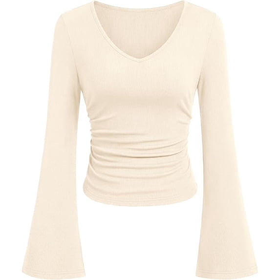 PRETTYGARDEN Women Fall Long Bell Sleeve Shirts Ribbed V Neck Fitted Ruched Trendy Y2K Going Out Tee Tops Summer Clothes