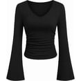 thumbnail image 1 of PRETTYGARDEN Women Fall Long Bell Sleeve Shirts Ribbed V Neck Fitted Ruched Trendy Y2K Going Out Tee Tops Summer Clothes, 1 of 10