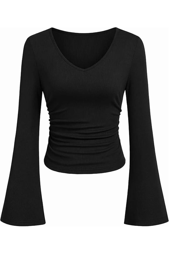 Women Fall Long Bell Sleeve Shirts Ribbed V Neck Fitted Ruched Trendy Y2K Going Out Tee Tops Summer Clothes
