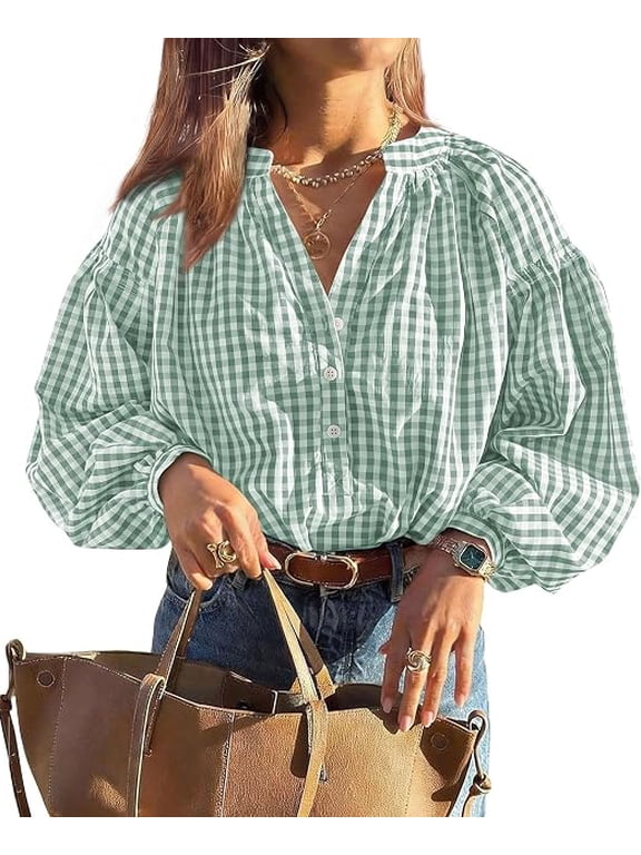 Women Fall Plaid Long Puff Sleeve Shirts V Neck Casual Blouses Gingham Button Down Oversized, Pleated Drop Shoulder Cotton Tops, Dressy Casual, Work Vacation Travel, Fall Outfits Trendy
