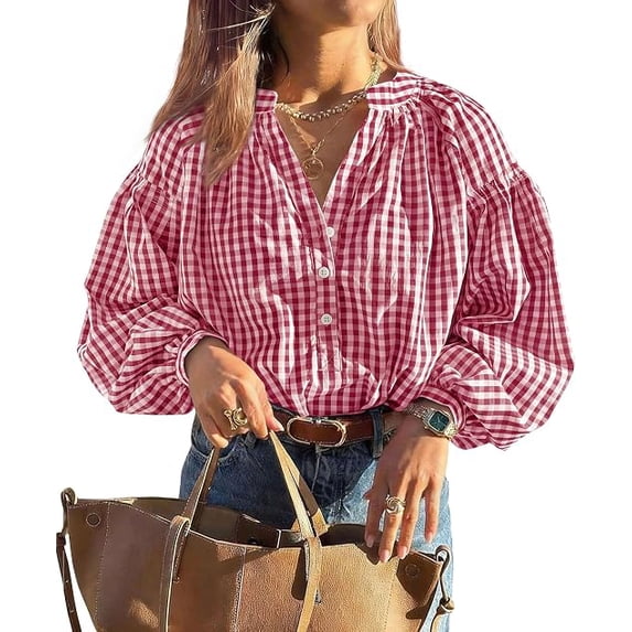 PRETTYGARDEN Women Fall Plaid Long Puff Sleeve Shirts V Neck Casual Blouses Gingham Button Down Oversized, Pleated Drop Shoulder Cotton Tops, Dressy Casual, Work Vacation Travel, Fall Outfits Trendy