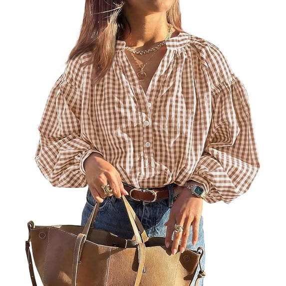 PRETTYGARDEN Women Fall Plaid Long Puff Sleeve Shirts V Neck Casual Blouses Gingham Button Down Oversized, Pleated Drop Shoulder Cotton Tops, Dressy Casual, Work Vacation Travel, Fall Outfits Trendy