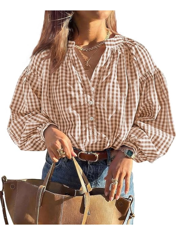 Women Fall Plaid Long Puff Sleeve Shirts V Neck Casual Blouses Gingham Button Down Oversized, Pleated Drop Shoulder Cotton Tops, Dressy Casual, Work Vacation Travel, Fall Outfits Trendy