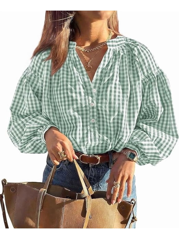 Women Fall Plaid Long Puff Sleeve Shirts V Neck Casual Blouses Gingham Button Down Oversized, Pleated Drop Shoulder Cotton Tops, Dressy Casual, Work Vacation Travel, Fall Outfits Trendy