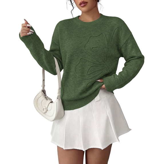 PRETTYGARDEN Women Fall Sweaters Trendy Floral Knit Pullover | Flower Embroidered Tops, Crew Neck, Soft Long Sleeve Shirts, Cozy Winter Layering Clothes for Casual Outing, Holiday Party